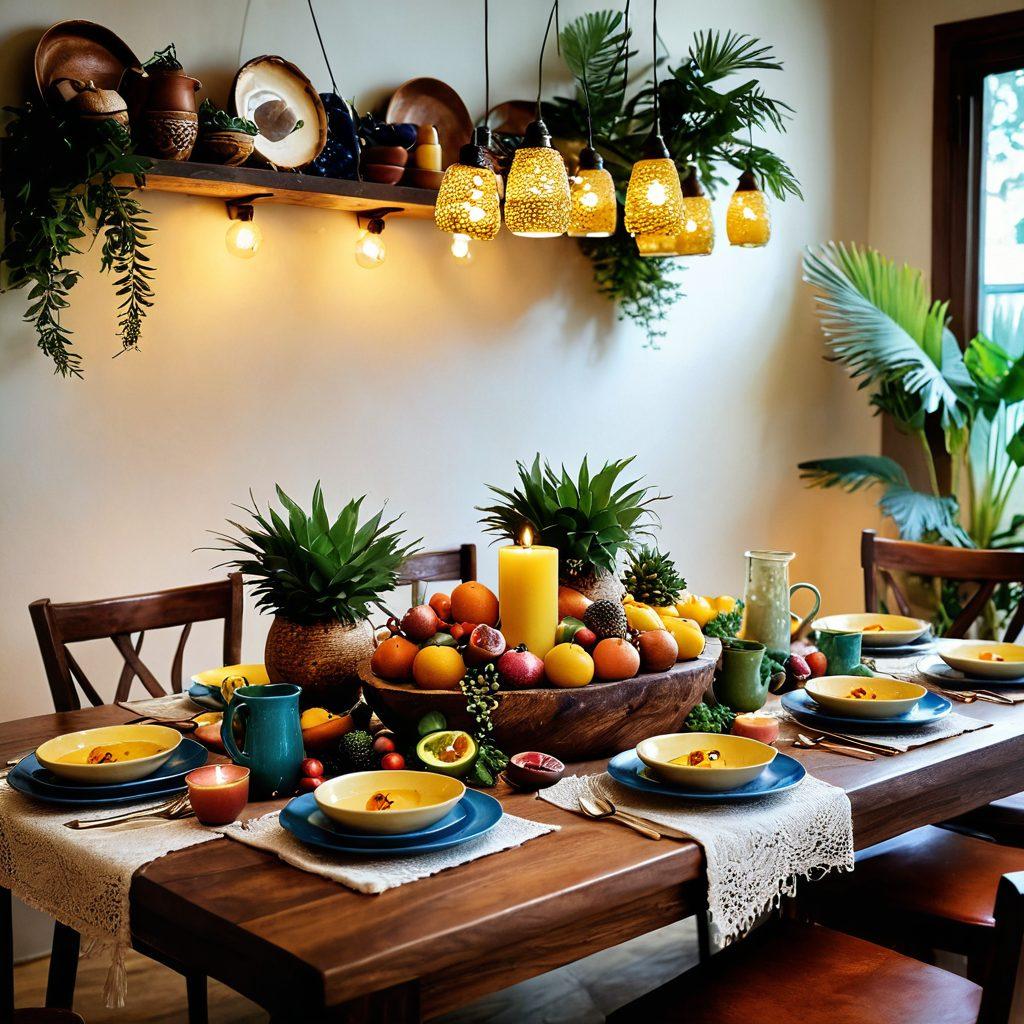 A beautifully arranged dining table showcasing an array of Brazilian custards, with rich textures and vibrant colors. Include elegant serving dishes and a backdrop of a cozy kitchen with wooden elements. Highlight fresh ingredients like coconut and passion fruit, and a subtle warm light to enhance the inviting ambiance. The scene should evoke a sense of indulgence and home-cooked warmth. super-realistic. vibrant colors. cozy atmosphere.