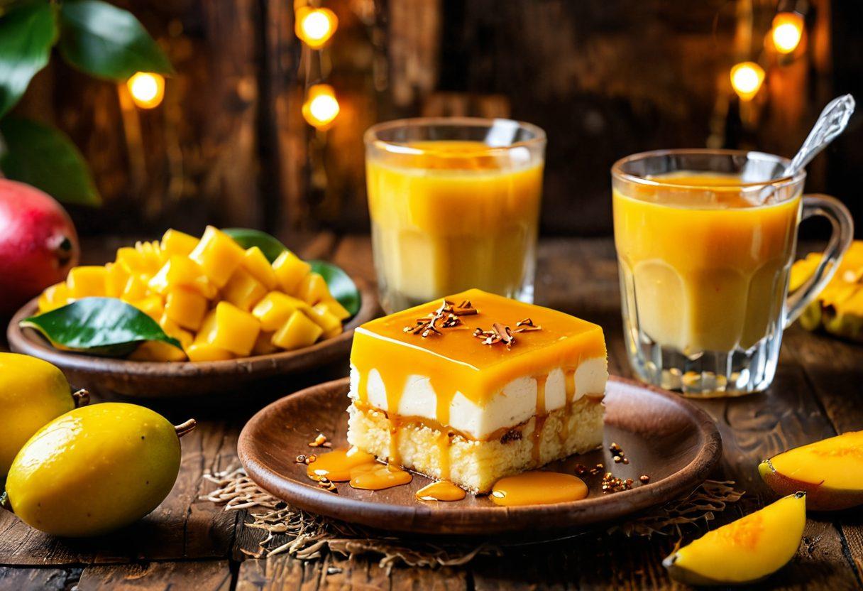 A delicious Brazilian pudim dessert displayed on a rustic wooden table, surrounded by fresh mango slices and a drizzle of caramel sauce. The pudim glimmers under soft, warm lighting, evoking a sense of sweetness and comfort. In the background, a vibrant Brazilian fiesta scene unfolds with colorful decorations and festive elements. super-realistic. vibrant colors. warm lighting.