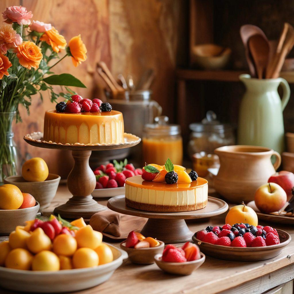 A beautifully arranged dessert table featuring various types of pudim, showcasing layers of caramel, creamy textures, and vibrant fruits on top. Include a skilled baker in the background, demonstrating an authentic pudim technique, surrounded by vintage kitchen tools and colorful ingredients. Soft, warm lighting enhances the inviting atmosphere, making the desserts look even more delectable. watercolor style. warm colors. rustic kitchen setting.